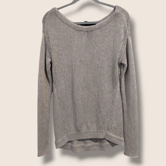 Diane Von Furstenberg Silver Metallic Shiny Open Knit Boat Neck Long Sleeve Top - Picture 2 of 13